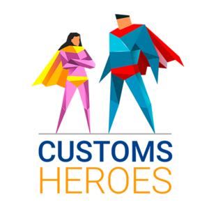 Customs Heroes logo with two superheroes, one male, one female, in capes. 